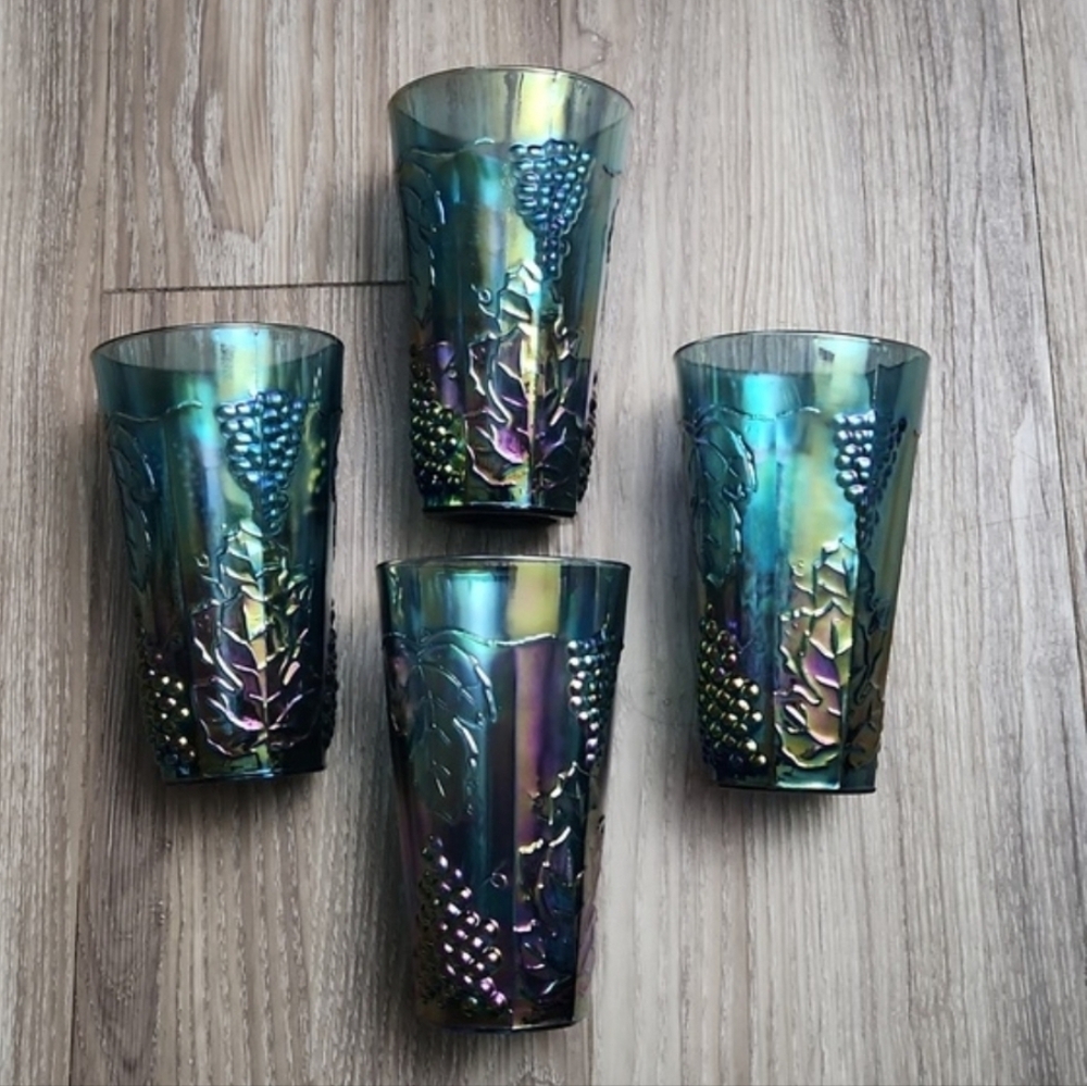 🌟 Vintage 1970s Indiana Blue Carnival Glass Tumblers Harvest Grape Set of 4